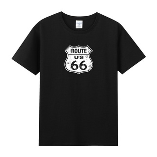 เสื้อยืดสีขาว❁❁ผ้าฝ้ายคอกลมชายเสื้อยืดแขนสั้นครึ่งแขนฤดูร้อนชายหนุ่มเสื้อผ้า American Route 66 พิมพ์เสื้อผ้าS-4XL