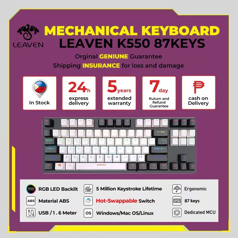ภาพหน้าปกสินค้าLEAVEN K550 Mechanical Keyboard คีย์บอร์ดเครื่องกลถอดเปลี่ยนได้ทันที 87คีย์การเล่นเกมแบบมีสาย RGB