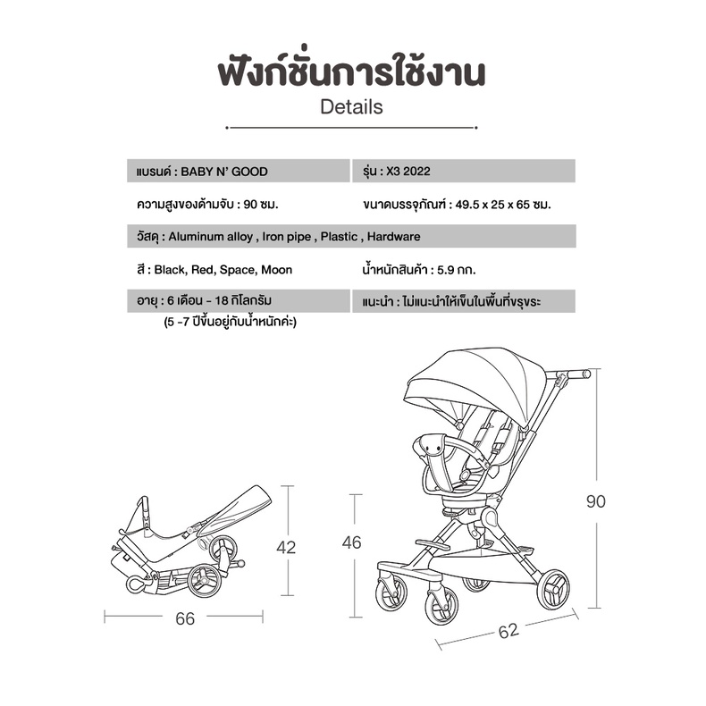 ภาพสินค้า(ลด57%)สเปคหลักหมื่น ประกันศูนย์ไทย BABYN GOODS รถเข็น รุ่นใหม่ 2022 VERO X3 พรีเมี่ยมเกรดคุณภาพสูง พับเล็กพกพาสะดวก จากร้าน pumpnom บน Shopee ภาพที่ 8