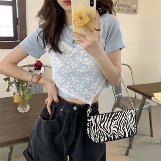พร้อมส่ง 🔥  สไตล์เกาหลีลูกไม้น่ารักสไตล์วิทยาลัยเสื้อบางพอดีแขนสั้นด้านบน