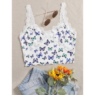 SHEIN [Ct.42] Allover Butterfly Print Lace Detail Crop Cami Top