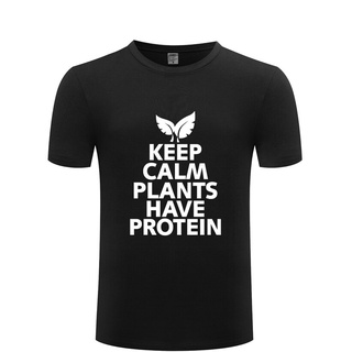 เสื้อยืดโอเวอร์ไซส์เสื้อยืดลําลอง ผ้าฝ้าย แขนสั้น คอกลม พิมพ์ลาย Keep Calm Plants Have Protein สําหรับผู้ชาย S-3XL