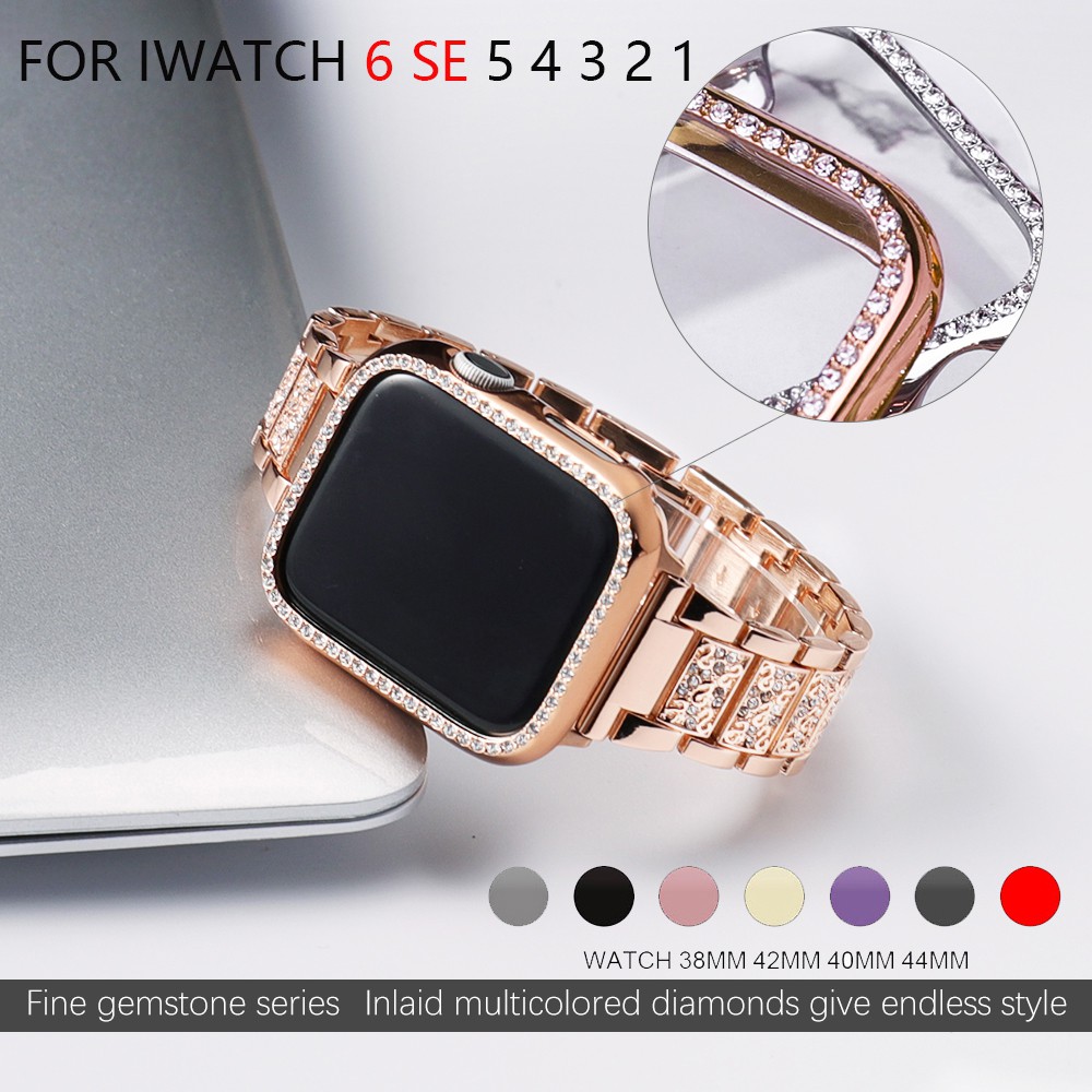 สายนาฬิกาข้อมือสเตนเลส-ประดับเพชร-พร้อมเคส-สําหรับ-apple-watch-series-6-se-5-4-strap-40-มม-44-มม-38-มม-42-มม-iwatch-3-2-1