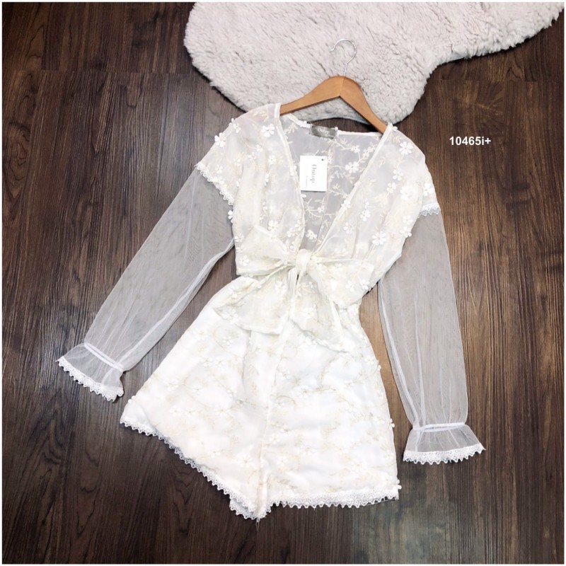 จั้มสูทแขนยาวซีทรูฉลุลูกไม้แต่งโบว์ผูกอก-tw10465