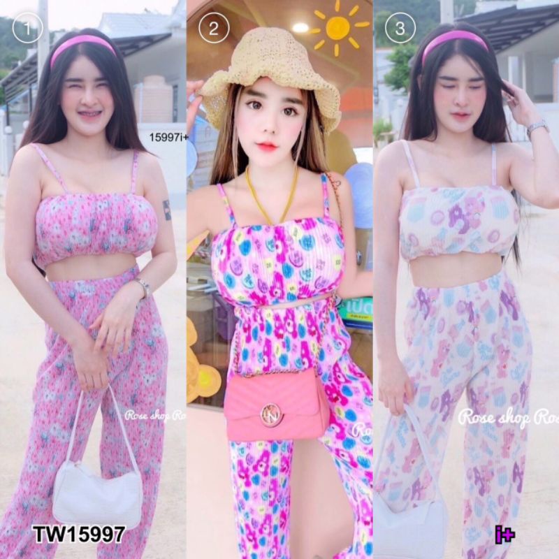 สอบถามสต้อกก่อนโอนค่า-tw15997-ชุดเซ็ท-เสื้อสายเดี่ยว-อัดพลีท-กางเกงขายาว-ใส่สบายๆ