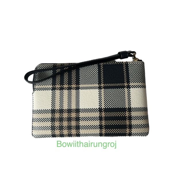 กระเป๋าคล้องมือ-coach-c8683-corner-zip-wristlet-with-garden-plaid-print-imf23-แบรนด์-coac