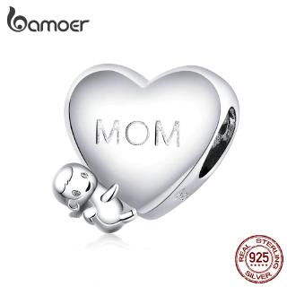 BAMOER Mothers Day Series Baby Hold Mom Lettering Heart Shape Charm 925 Silver