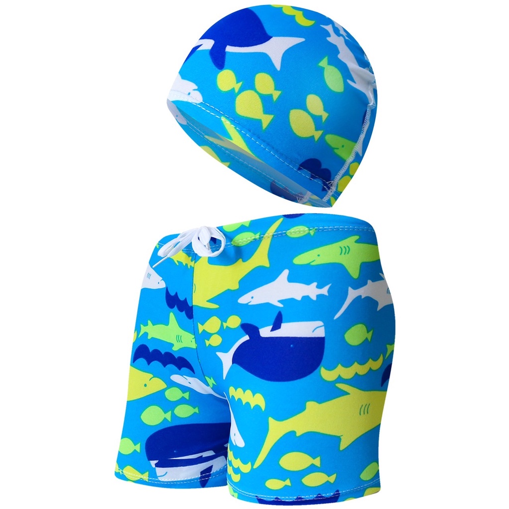 ภาพสินค้าชุดกางเกงว่ายน้ำเด็กผู้ชายมีเชือกผูกพร้อมหมวกฟรีไซส์หลายแบบ นื้อผ้าลื่นใส่สบาย จากร้าน qq_swimsuit บน Shopee ภาพที่ 3