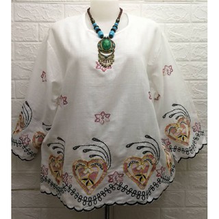 เสื้อสาวอวบลินินผสมฝ้ายอก50"ลายปักหัวใจ
