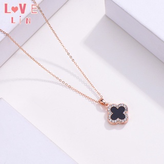 【lovelin】สร้อยคอโซ่ เหล็กไทเทเนียม ชุบทอง 18K จี้รูปใบโคลเวอร์สี่แฉก เครื่องประดับสตรี