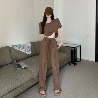 [3 สี] ชุดเซ็ทสูทผู้หญิง ชุดเซทเสื้อกางเกง 2022 แฟชั่นแขนสั้นเสื้อยืดผู้หญิง + เอวสูงขากว้างลูกไม้ขึ้นกางเกงลำลอง