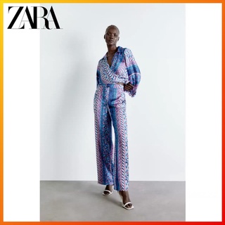 Zara ฤดูร้อนใหม่ของผู้หญิงผ้าไหมซาตินพื้นผิวพิมพ์เสื้อเอวสูงหลวมกางเกงขากว้างสูท