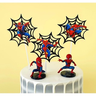 พร็อพใยแมงมุม Spiderman Super Hero Happy Birthday สําหรับตกแต่งเค้ก 3 ชิ้น