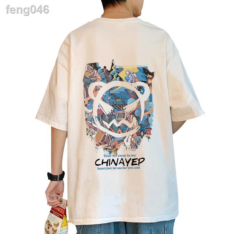 feng046เสื้อยืดแขนสั้นผู้ชายฤดูร้อนผู้ชาย-2022-ใหม่หลวมครึ่งแขนเสื้อผ้าฝ้ายพิมพ์การ์ตูนเสื้อยืด