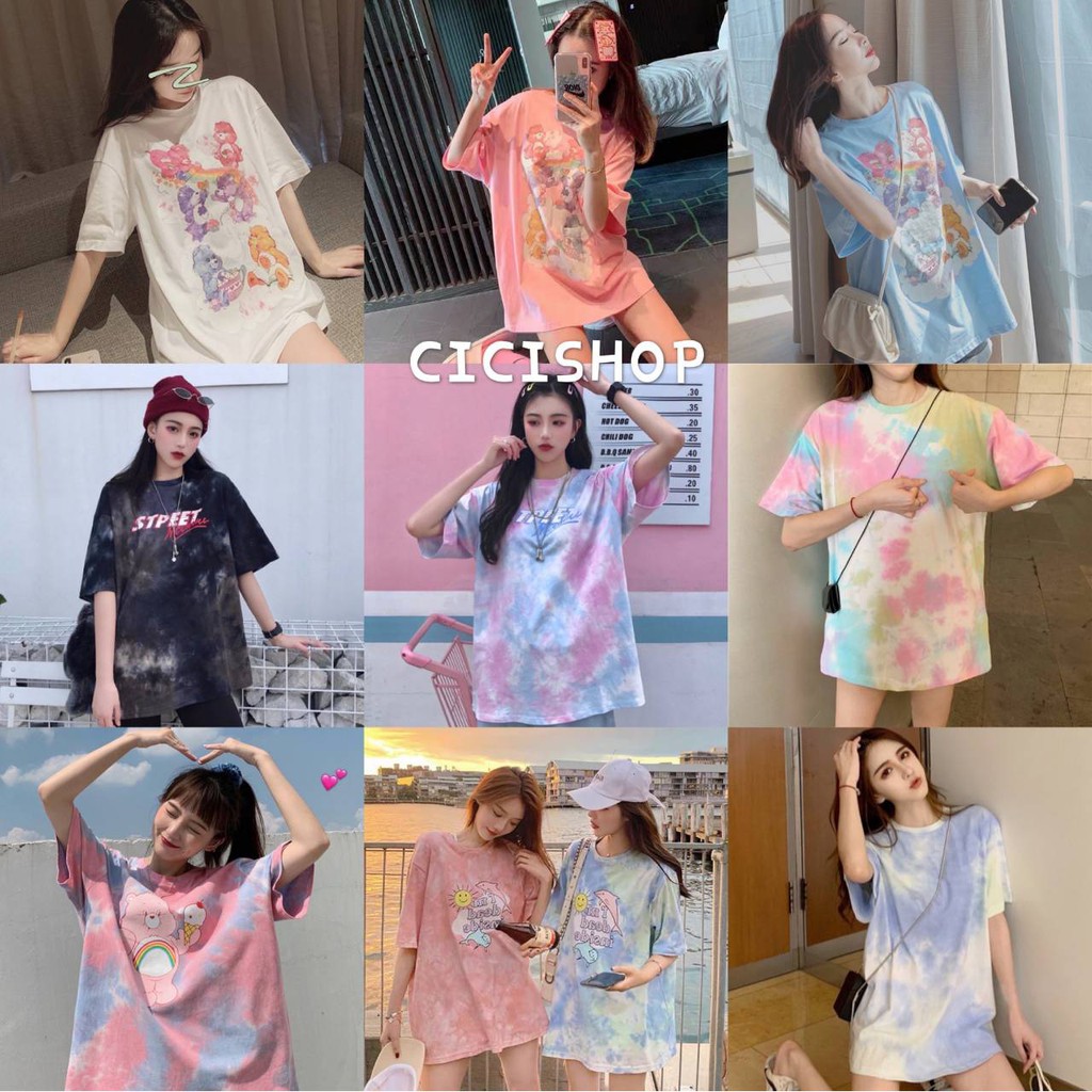 ภาพหน้าปกสินค้าCicishop(พร้อมส่ง)เสื้อยืด Oversize แขนสั้นมัดย้อมลายการตูน(45)