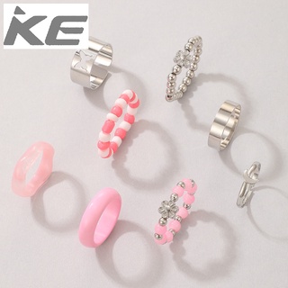 Geometric butterfly moon flower wide face silver alloy ring pink rice bead acrylic combination