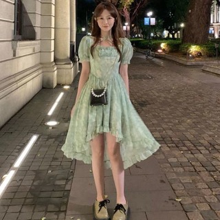 22427🔥Hot Sale/2022 New French Super Fairy Sweet Square Neck Irregular Chiffon Dress Schoolgirl Mid-Length Skirt