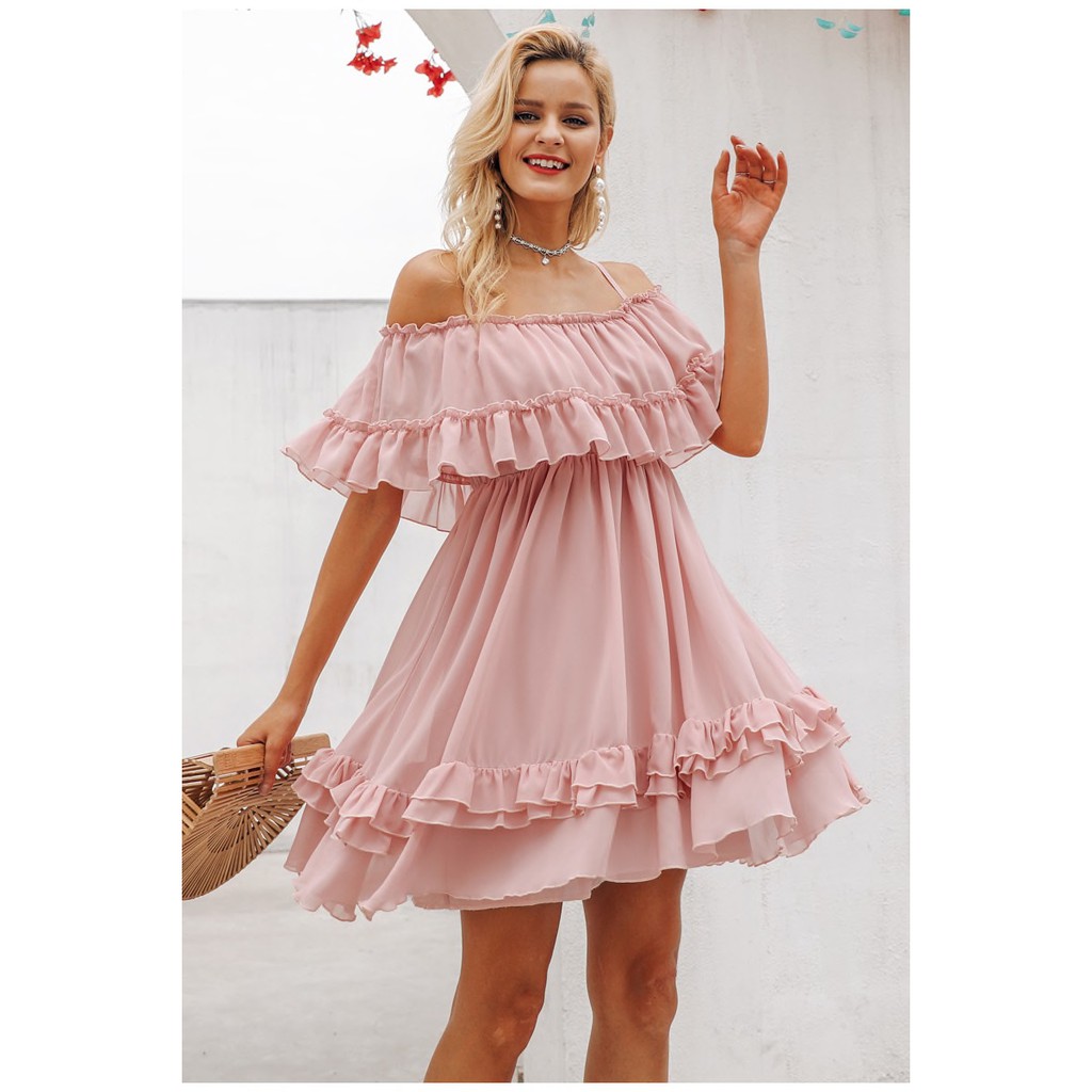 sale-พร้อมส่ง-simplee-pink-elegant-ruffle-strap-shoulder-off-chiffon-dress