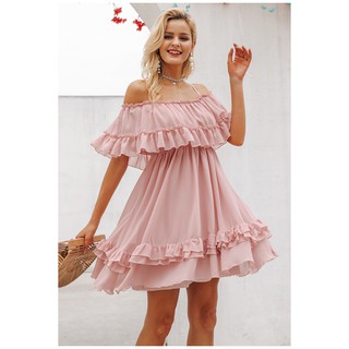 ‼️SALE‼️พร้อมส่ง Simplee PINK Elegant Ruffle Strap Shoulder Off Chiffon Dress