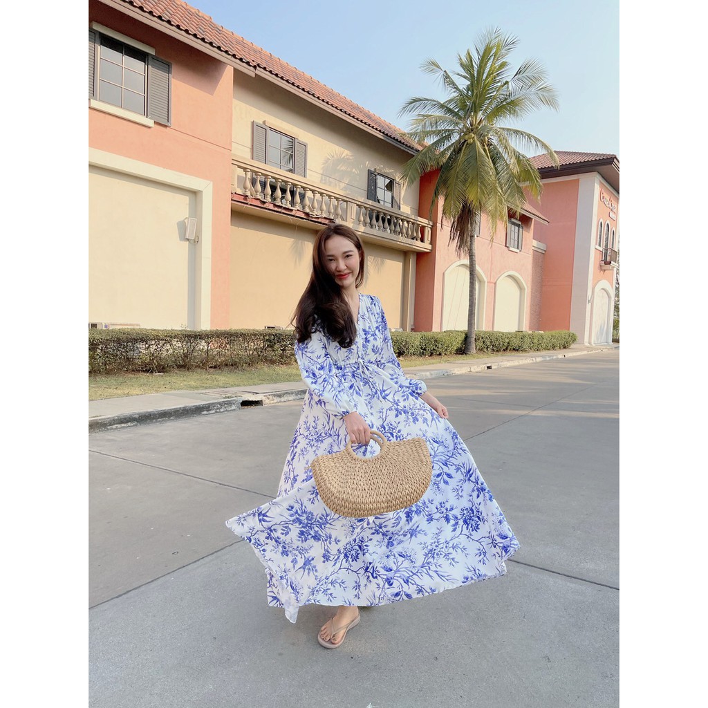 al1001-แมกซี่เดรสยาวแขนยาวคอวี-เอวรูดปรับสัดส่วนของเอวได้เอง-กระโปรงย่นรอบตัว