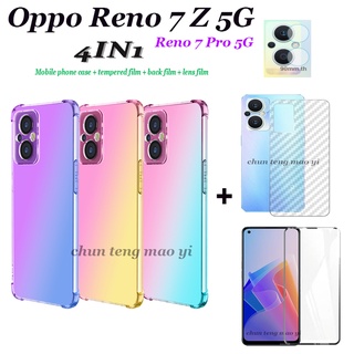 4in1 เคสโทรศัพท์ ไล่โทนสี กันกระแทก + กระจกนิรภัย + ฟิล์มเลนส์ + ฟิล์มด้านหลัง สําหรับ OPPO Reno7 z 5G