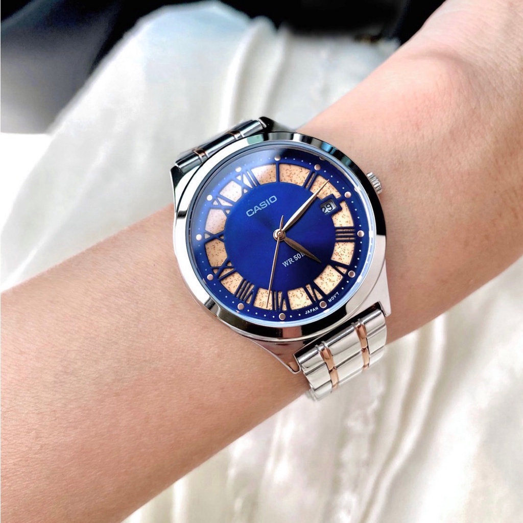 นาฬิกาข้อมือผู้หญิงแท้-casio-คาสิโอลดราคา-นาฬิกาสายสแตนเลสสีทูโทน-ltp-e141rg-2a-ย้ำขายเฉพาะของแท้-มีใบรับประกัน