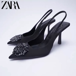 Zara ใหม่ รองเท้าส้นสูง หัวแหลม ประดับเพชรเทียม สีดํา แฟชั่นฤดูใบไม้ผลิ สําหรับผู้หญิง 2022