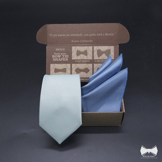เซ็ทเนคไทฟ้าอ่อน+ ผ้าเช็ดหน้าสูท-Light Blue Silk Necktie + Pocket Square