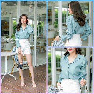 💗ส่งด่วน เสื้อเชิ้ตสีเขียวอมเทา แขนจั้ม 3ชั้น ผ้านุ่มลื่น ใส่สบาย💗