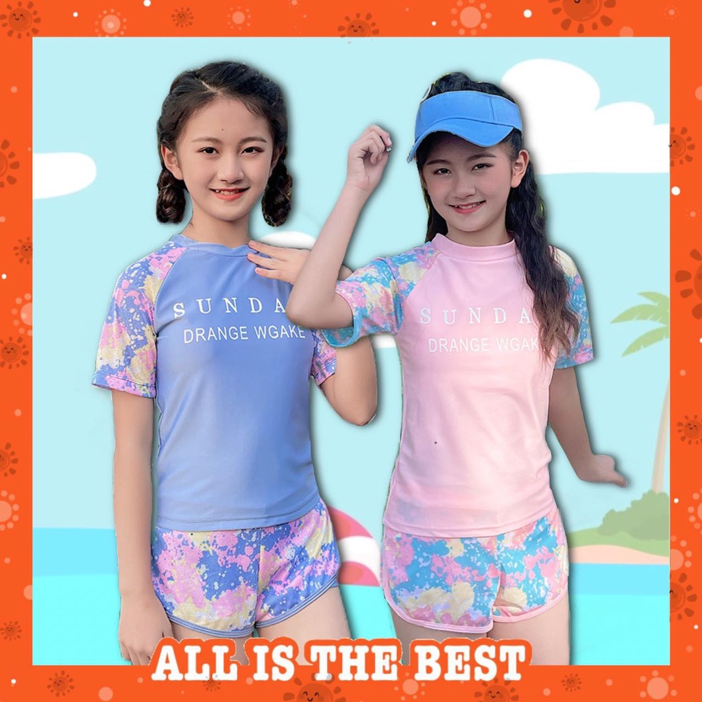 พร้อมส่ง-ชุดว่ายน้ำเด็กโต-ขาสั้น-2-ชิ้น-เสื้อและกางเกง-จากไทย