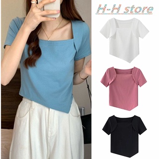 เสื้อยืดคอเหลี่ยมคอกลมแขนสั้นสีทึบสไตล์สลิมชิคส่วนสั้น、เนื้อผ้านุ่มสบาย