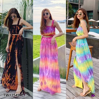 แชทถาม่อนโอนนะคะ**TW13549 Set 2 ชิ้น เสื้อครอปสายเดี่ยว สม็อครอบอก มาคู่กับกระโปรงยาวผ่าข้าง