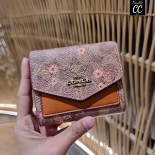 (แท้ 💯%‼ Factory) CO ACH 67246 SMALL WALLET IN SIGNATURE CANVAS WITH FLORAL BOW PRINT