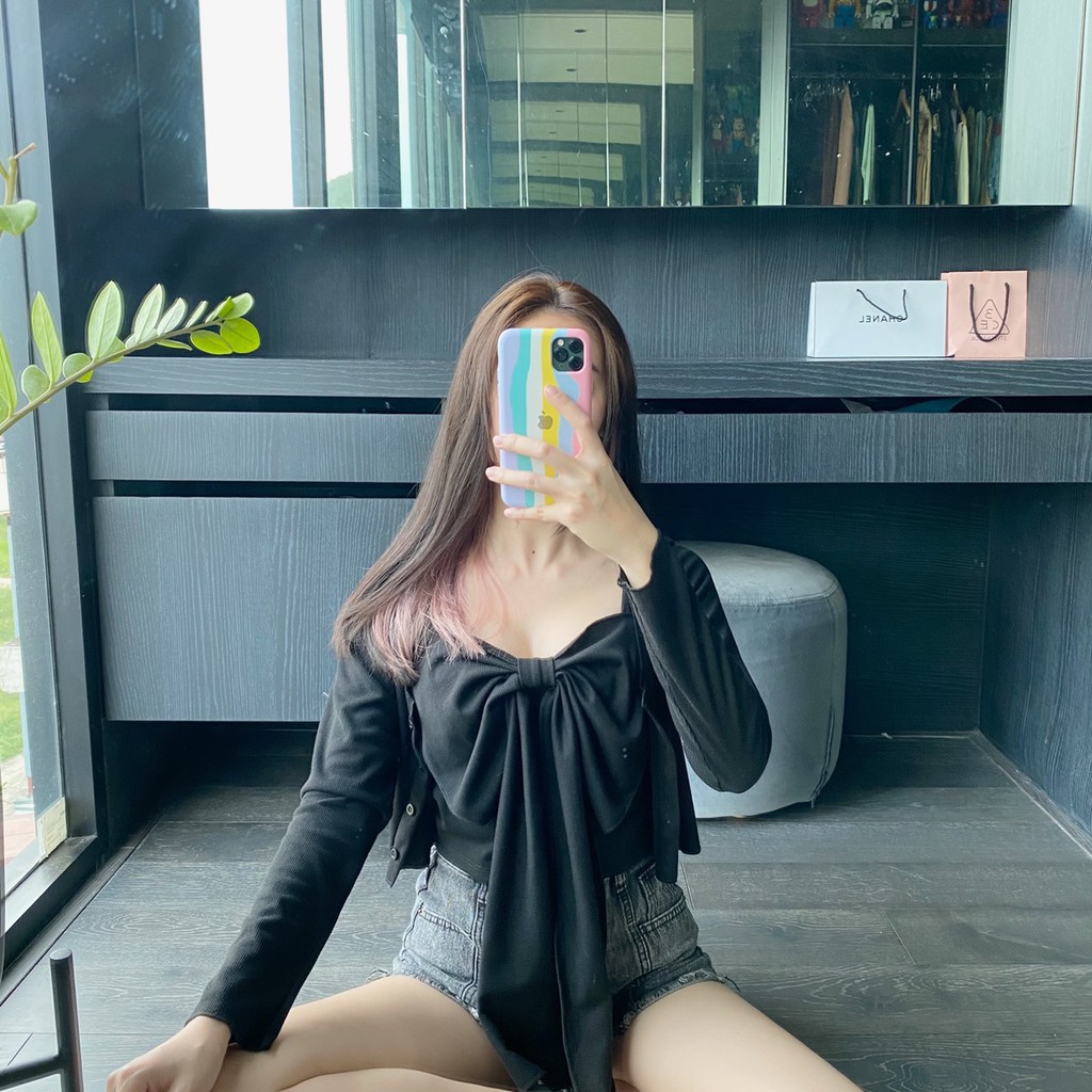 ชุดเซตเสื้อคลุมแขนยาวกระดุมหน้า-สายเดี่ยวแต่งโบว์หน้าอก