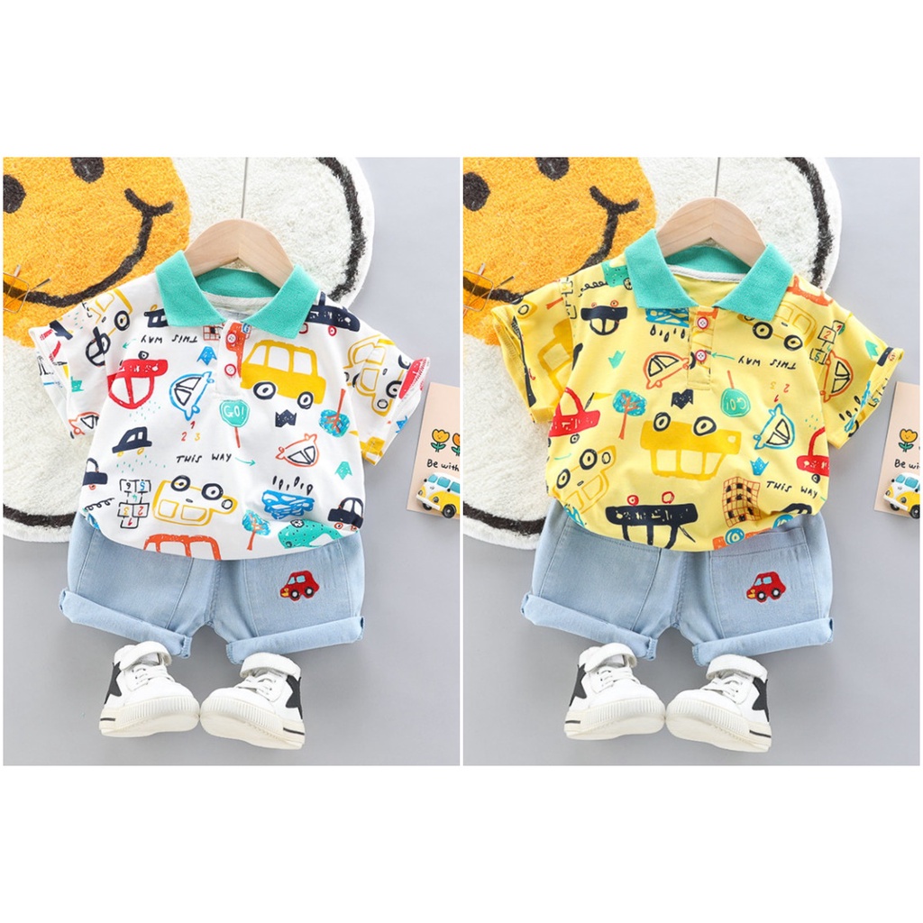 ชุดเด็กน่ารัก-ชุดเด็กเล็ก-เสื้อโปโล-ลายรถ-สีขาว-พร้อมกางเกง