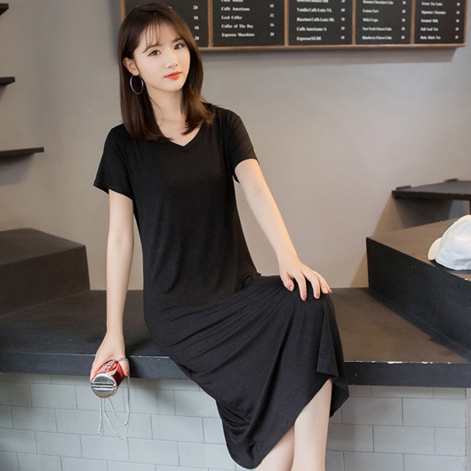 fc-พร้อมส่ง-ชุดเดรสยาวคอวี-แขนสั้น