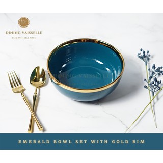 ชามเซรทมิคขอบทอง Emerald bowl ชามเขียวมรกตขอบทอง size7.5” และช้อนซ้อมแสตนเลสทอง อุปกรณ์บนโต๊ะอาหาร
