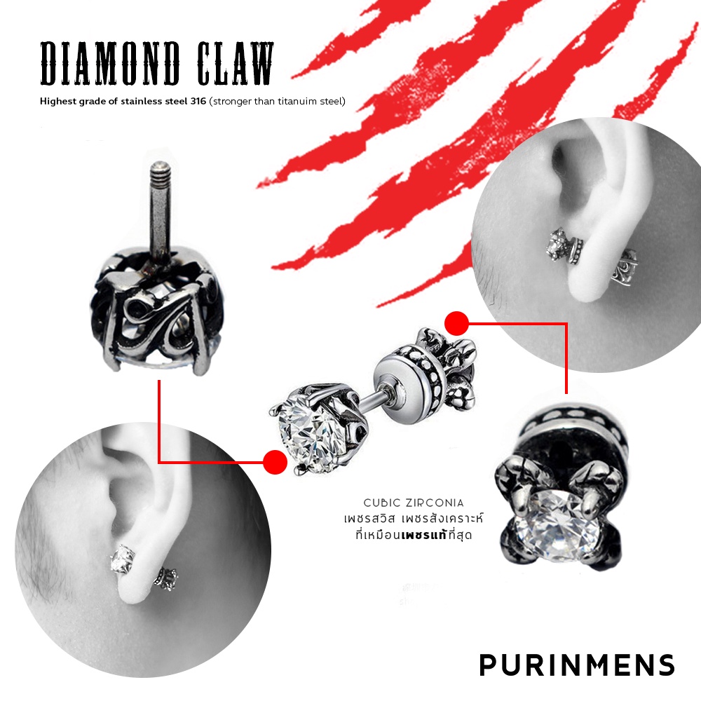 ภาพหน้าปกสินค้าPurinmens Diamond Claw ต่างหูผู้ชาย stud earrings, stronger than Titanium steel with highest grade stainless steel 316 จากร้าน purinmens บน Shopee