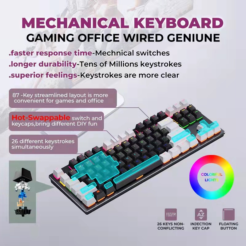 ภาพสินค้าLEAVEN K550 Mechanical Keyboard คีย์บอร์ดเครื่องกลถอดเปลี่ยนได้ทันที 87คีย์การเล่นเกมแบบมีสาย RGB จากร้าน _j3k2tzi5k บน Shopee ภาพที่ 2