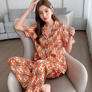 ชุดนอนสตรีผ้าซาติน M-5XL สไตล์เกาหลี ใหม่ล่าสุด ผ้าซาติน ใส่สบาย ขายาว+แขนสั้น