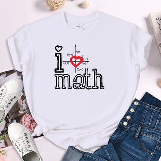 เสื้อยืดลําลองสําหรับสตรีแขนสั้นคอกลมพิมพ์ลาย I Love Math Twelve Colors