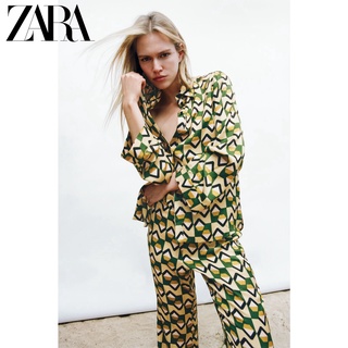 Zara ฤดูร้อนใหม่พิมพ์แขวนคอเสื้อคอปกด้านบน 2183055 กางเกงเอวสูง 2183054