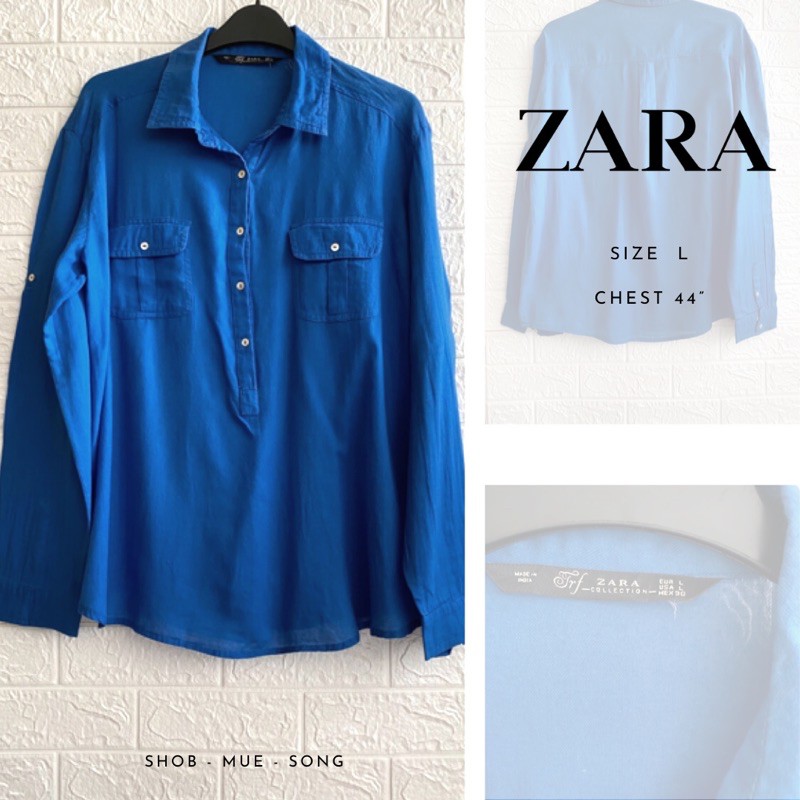 ZARA เสื้อเชิ้ต แขนยาว สีน้ำเงิน มือสอง | Shopee Thailand
