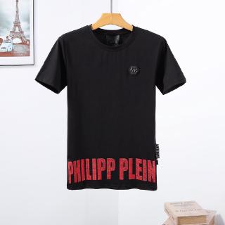 PP ผู้ชายแขนสั้น Rhinestone เสื้อยืด Shining Philipp Plein รูปแบบผ้าฝ้ายคอรอบคอ TEE Street Wear