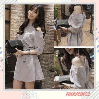 💗Gray belt dress เดรสสั้น แขนสี่ส่วน เว้าไหล่ FA56