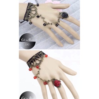 💓พร้อมส่ง สร้อยข้อมือลูกไม้ประดับแหวนดอกกุหลาบสีแดง/สีดำ