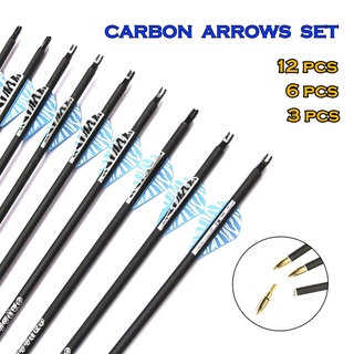 3 - 12  Pcs Mixed carbon Arrows set Spine 500 , 30 Inches Diameter 7.8 Removable Arrow heads with plastic Feather
