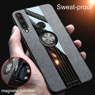 Fashion Woven Cloth Casing Huawei Y6P Soft TPU Cover Huawei MED-LX9 MED-LX9N Magnetic Car Finger Ring Holder Back Case