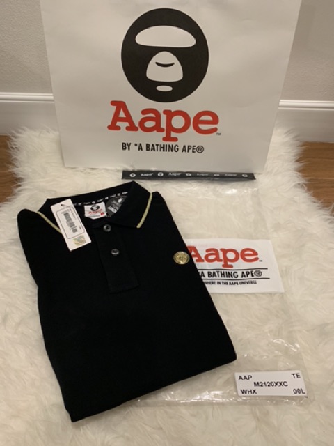 แท้-used-aape-by-a-bathing-ape-polo-shirt-เสื้อโปโลแบรนด์เนม-size-s-สีดำ-สภาพดี-อุปกรณ์-ถุงใสจากช้อป