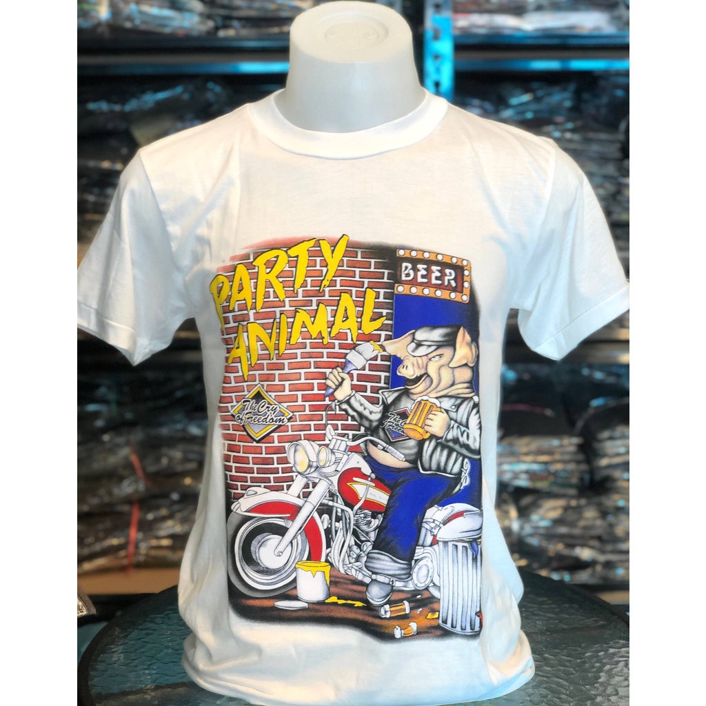 harley-party-animalเสื้อฮาเล่ย์-เสื้อยืดคอกลม-เสื้อผู้ชาย-เสื้อสไตล์วินเทจ-ไม่มีตะเข็บขาง-สรีนหน้าและหลังขับเนื้อt-shirt